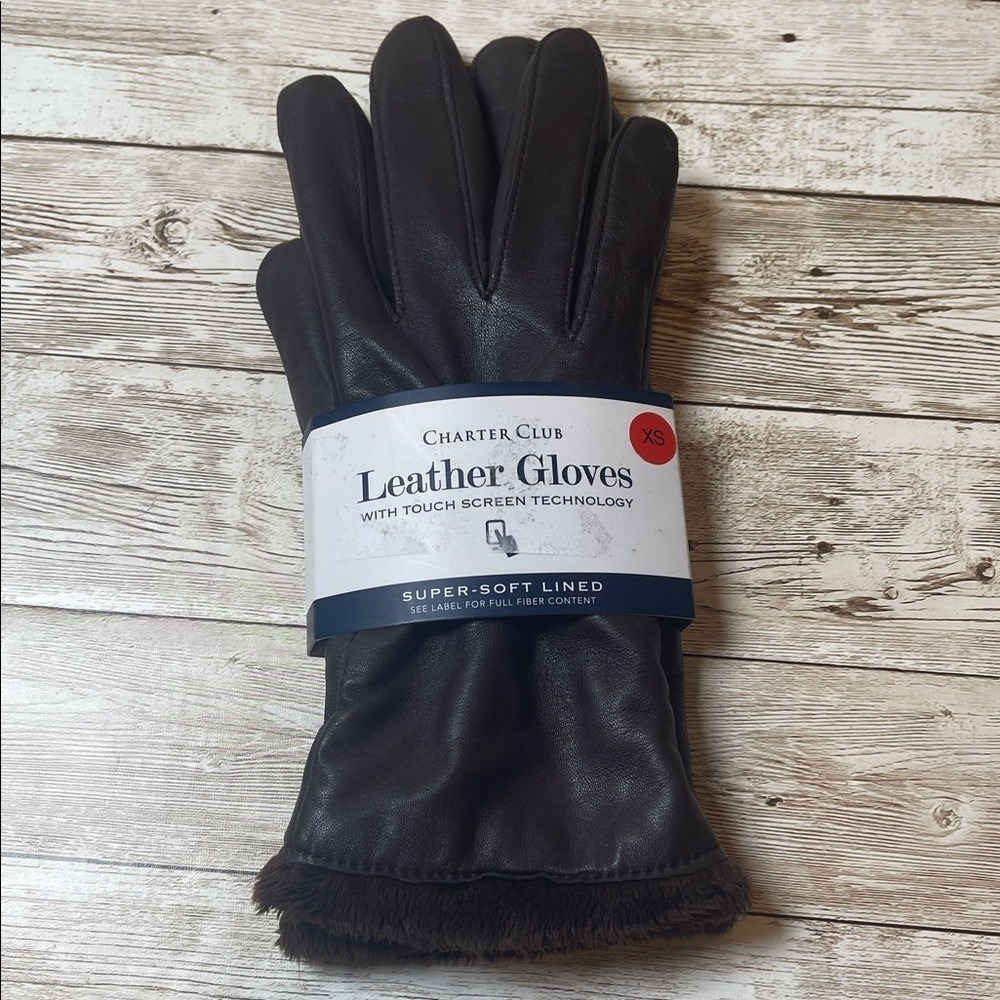 Charter Club Womens Brown Leather Gloves Touch Screen Faux Fur Lined New XS